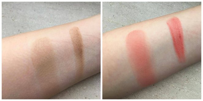collage met swatches waarbij de primark kwast een bronzer (bahama mama van the balm) en blush (swiss dot van the balm)