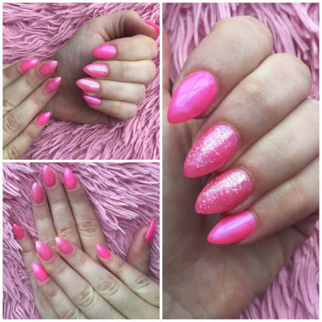 Collage van 3 foto's waarop een set gelangels te zien is op een roze fluffy ondergrond, verschillende poses van de handen met de fluoroze nagels en glitter
