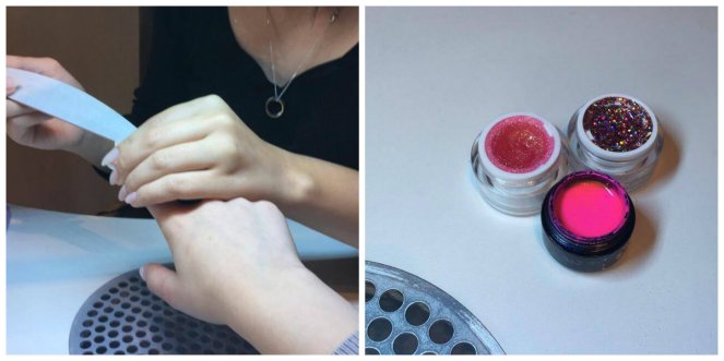Collage van een nagelstyliste die de nagels in vorm vijlt en drie potjes met gellak waarvan 1 met kleur (neonroze) en 2 met glitter