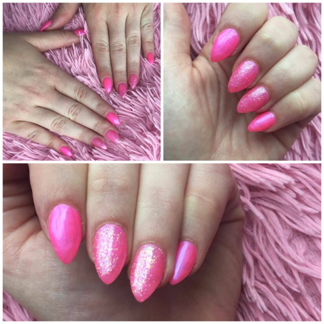 Collage van 3 foto's waarop een set gelangels te zien is op een roze fluffy ondergrond, verschillende poses van de handen met de fluoroze nagels en glitter